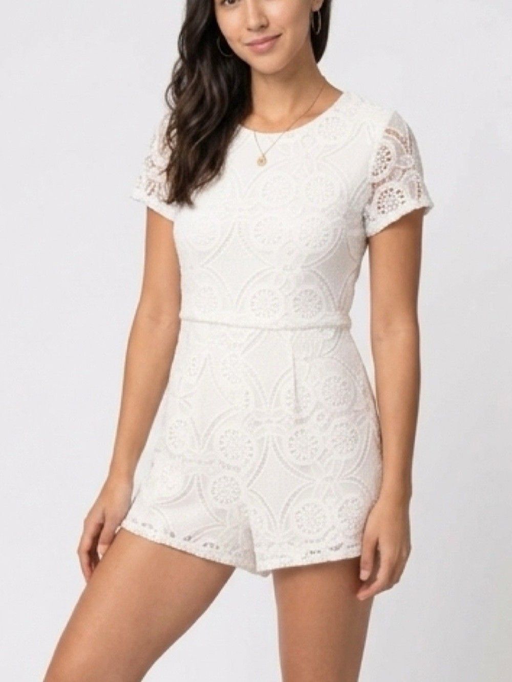White Lace Romper Womens Medium Crochet Boho Short Sleeve